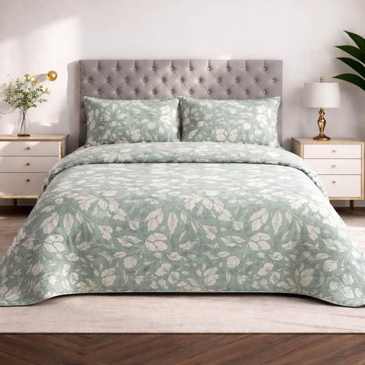 Completo Letto Matrimoniale in Cotone 100% Green Bloom – Lenzuola Verdi Floreali con Angoli