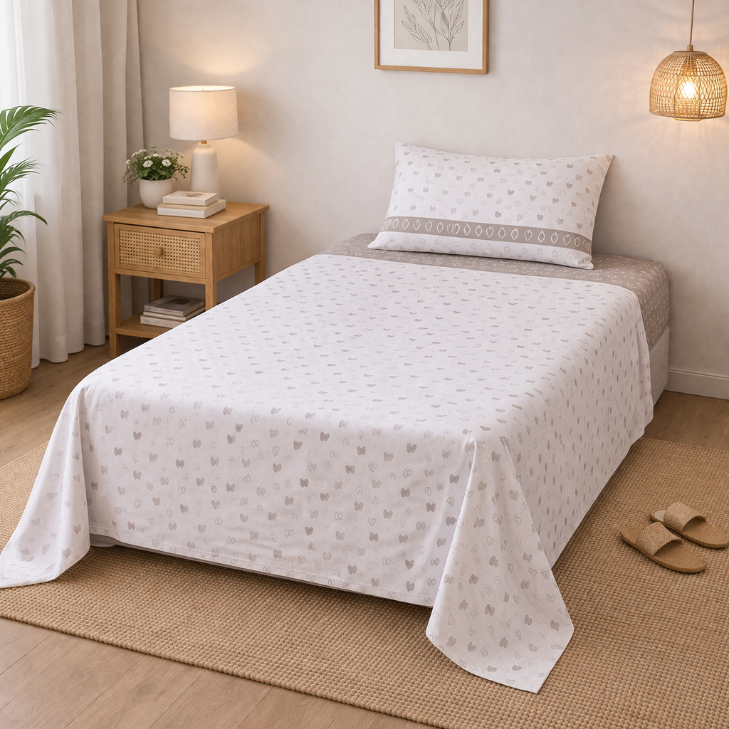 Completo Lenzuola Singole 100% Cotone – Fantasia Sweet-Love, Stile Romantico