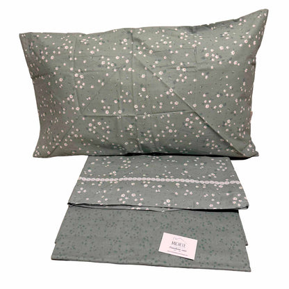 Completo Lenzuola Matrimoniale 100% Cotone Fantasia Prato Fiorito Verde Salvia – Made in Italy