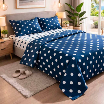 Completo Lenzuola Matrimoniale 100% Cotone – Fantasia Pois Blu – Con Angoli e Federe con Patella