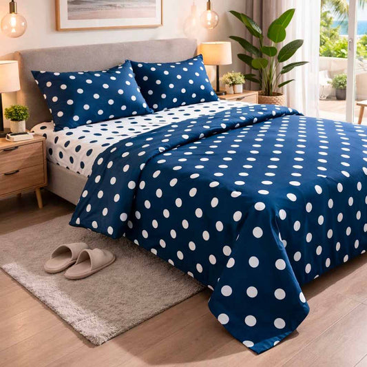Completo Lenzuola Matrimoniale 100% Cotone – Fantasia Pois Blu – Con Angoli e Federe con Patella