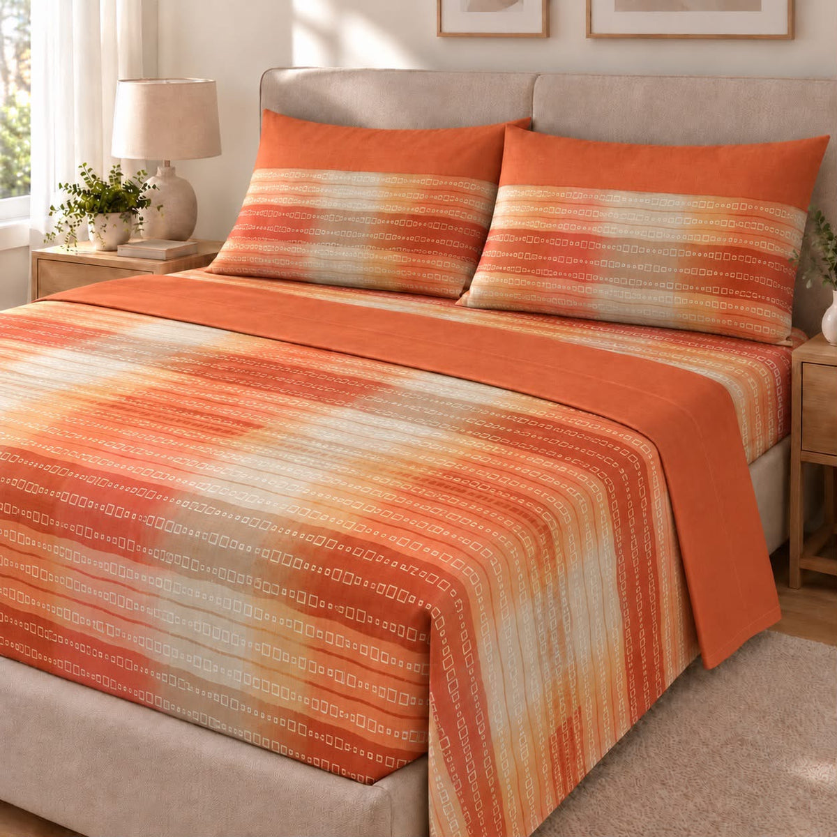 Lenzuola Matrimoniali in Puro Cotone 100% Geometric Sand – Arancio o Beige