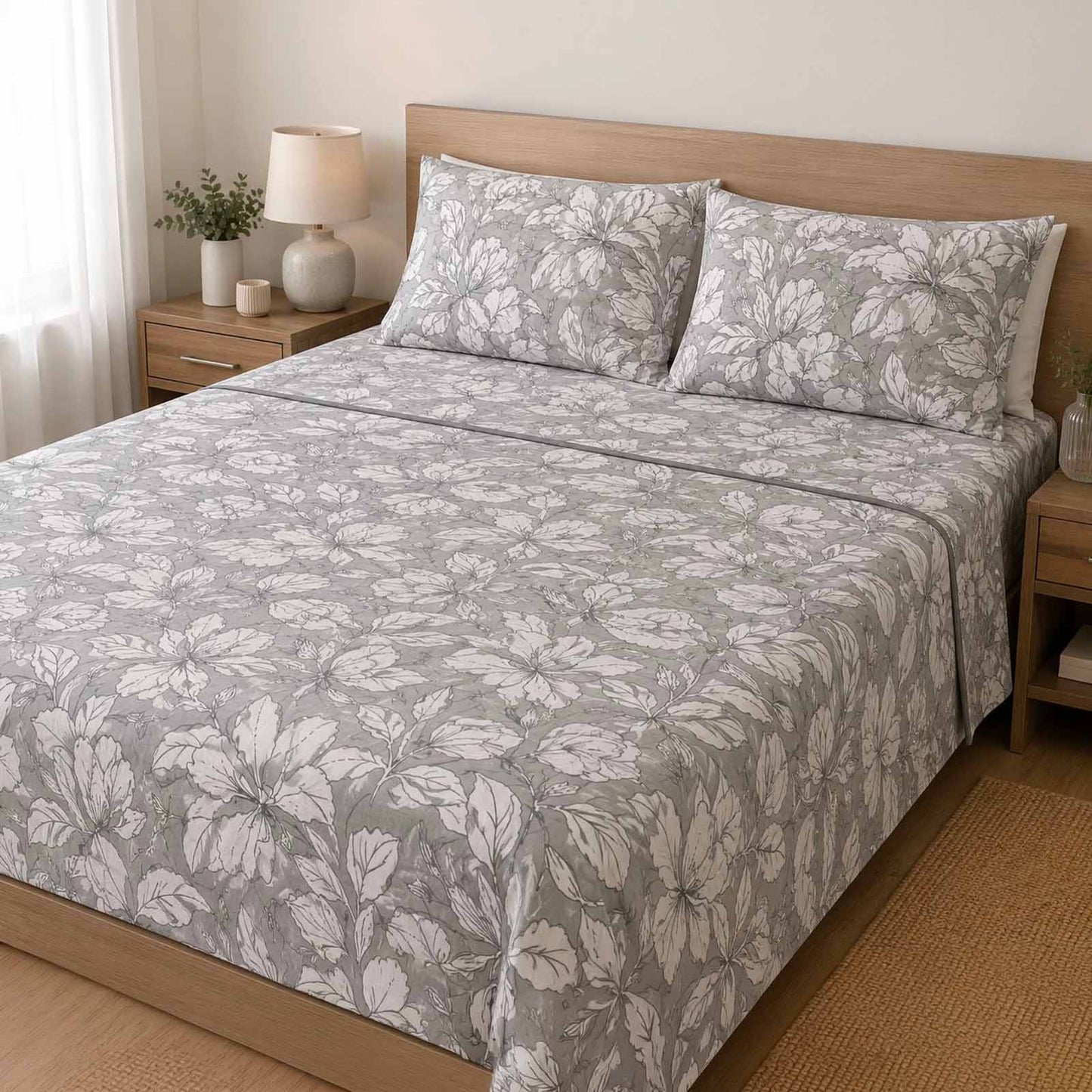 Completo Letto Matrimoniale in Cotone 100% Grey Bloom – Lenzuola Grigi Floreali con Angoli