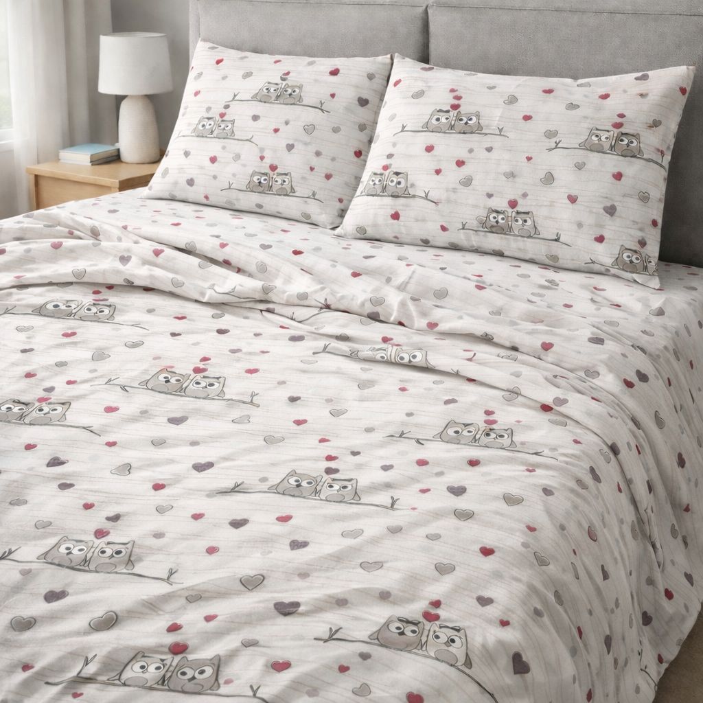 Completo Letto Matrimoniale in Cotone 100% Fantasia Gufi Innamorati – Lenzuola con Angoli