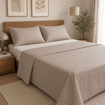 Completo Lenzuola Matrimoniale 100% Cotone Italiano Beige a Pois – Set Letto 2 Piazze Elegante