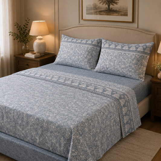 Completo Lenzuola Matrimoniale 100% Cotone Fantasia Floreale Azzurro Polvere