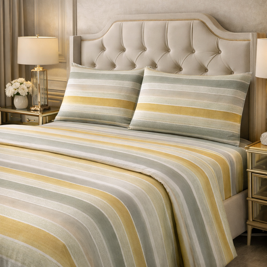 Completo Letto Matrimoniale in Cotone 100% Fantasia Righe Naturali – Lenzuola con Angoli