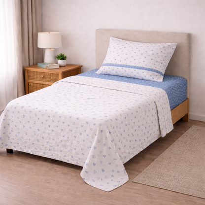 Completo Lenzuola Piazza e Mezza 100% Cotone – Fantasia Sweet-Love, Stile Romantico