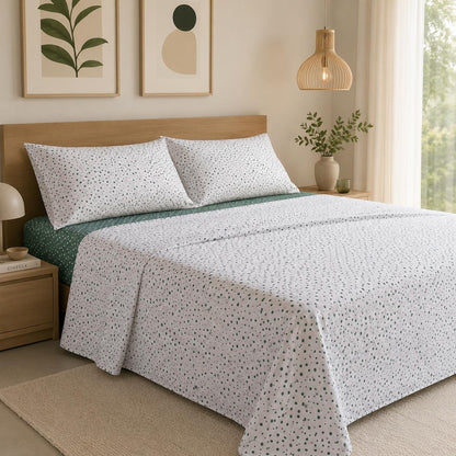 Completo Lenzuola Matrimoniale 100% Cotone Fantasia Pois Tortora o Verde – Made in Italy