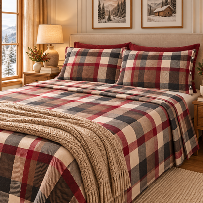 Lenzuola Matrimoniali in Flanella di Cotone Made in Italy – Tartan Rosso