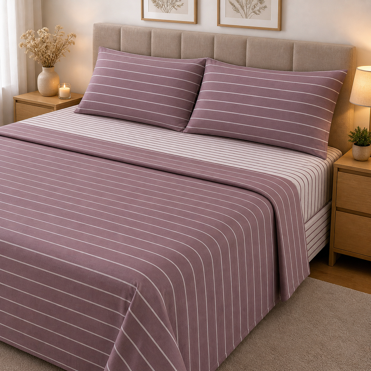 Lenzuolo Matrimoniale 100% Cotone – Fantasia A Righe Rosa Antico e Bianco