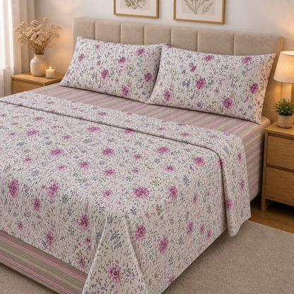 Completo matrimoniale 100% cotone percalle, detto anche a pelle d'uovo, fantasia Fiori di Campo