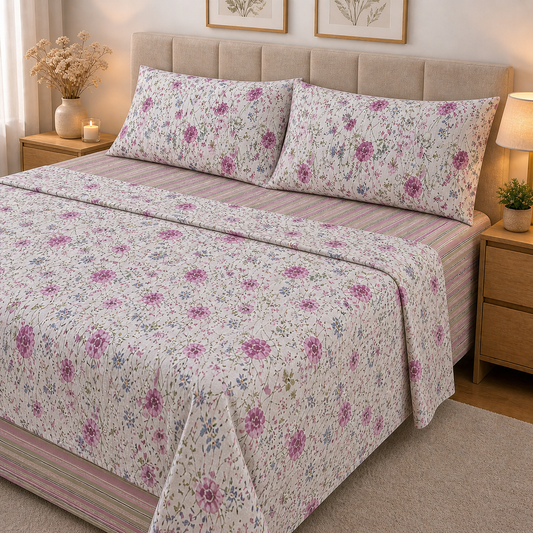 Completo matrimoniale 100% cotone percalle, detto anche a pelle d'uovo, fantasia Fiori di Campo