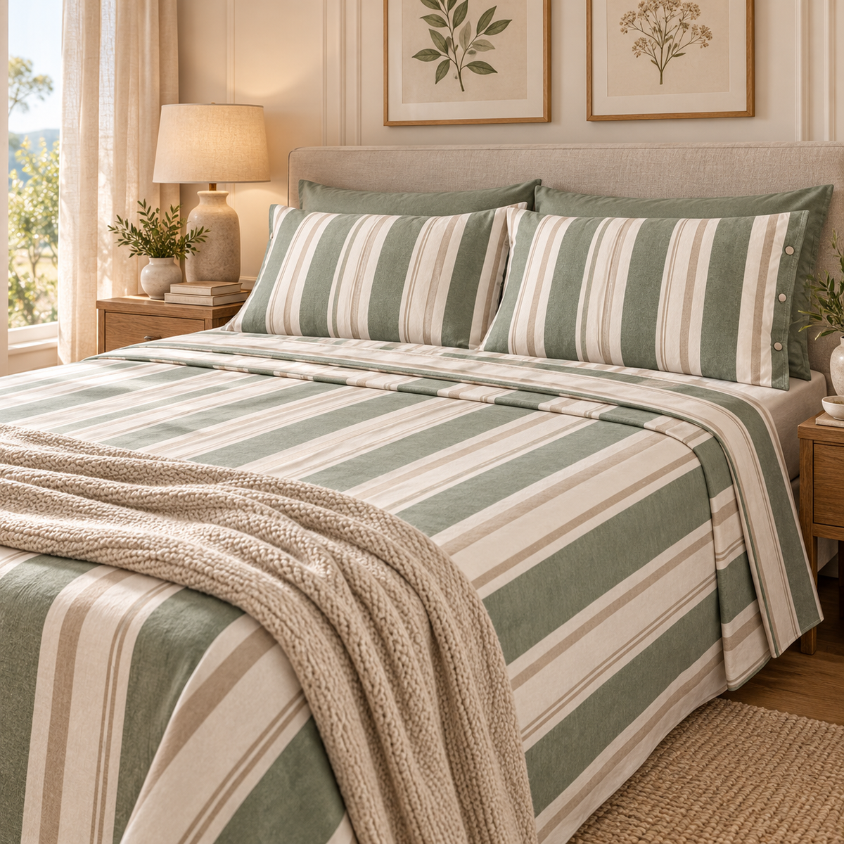 Completo Lenzuola Matrimoniale in Flanella di Cotone Made in Italy – Righe Salvia