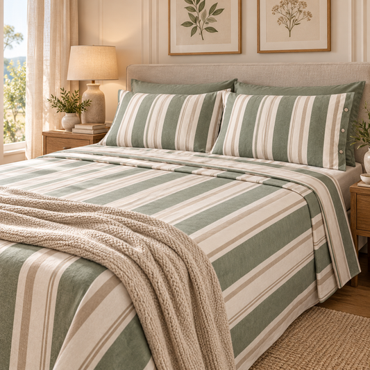 Completo Lenzuola Matrimoniale in Flanella di Cotone Made in Italy – Righe Salvia
