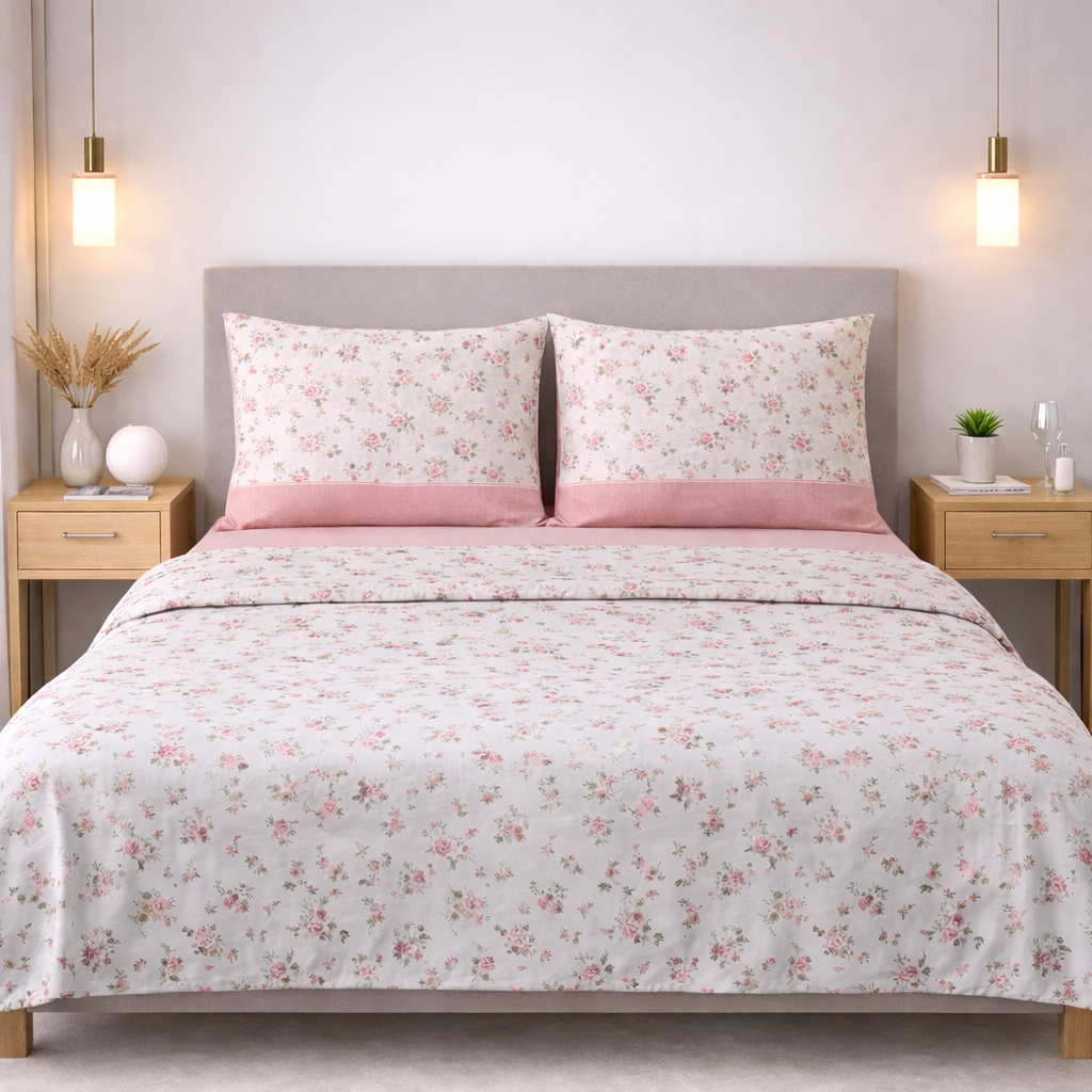 Completo Lenzuola Matrimoniale 100% Cotone “Rosé Garden” – Fantasia Floreale