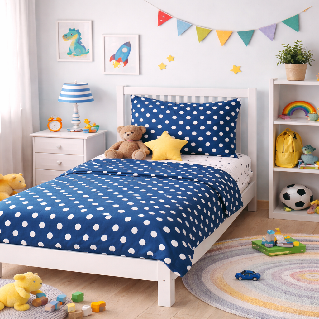 Completo Lenzuola Letto Singolo 100% Cotone – Fantasia Pois Blu – Con Angoli e Federa con Patella