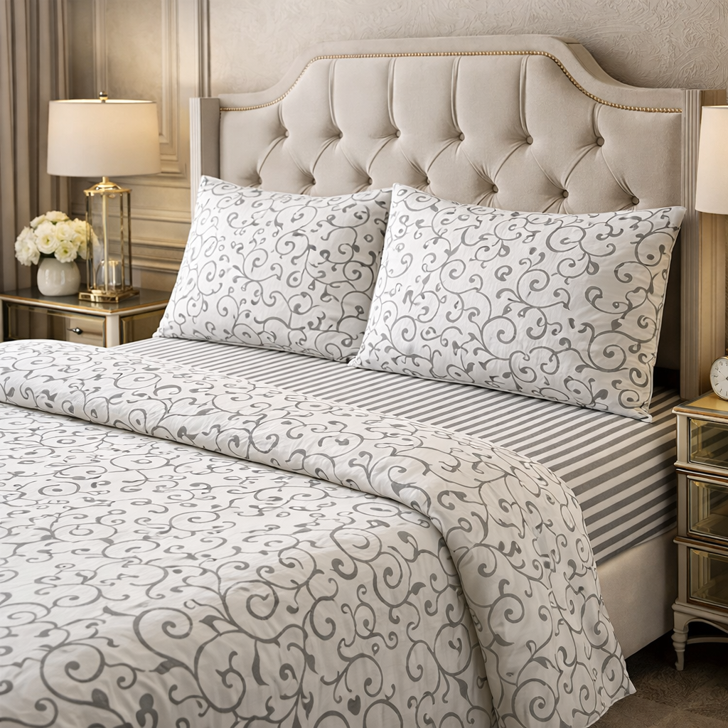 Completo letto Matrimoniale in cotone con fantasia serie Stefy, colore Beige o Grigio