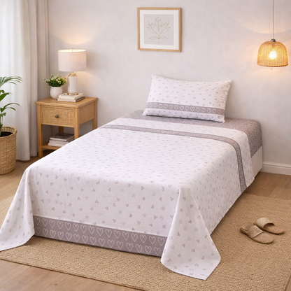 Completo Lenzuola Piazza e Mezza 100% Cotone – Fantasia Sweet-Love, Stile Romantico