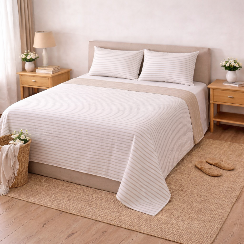 Completo Lenzuola Matrimoniali in Cotone Fantasia Riga Beige – Morbido e Traspirante
