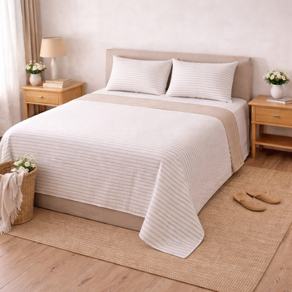 Completo Lenzuola Matrimoniali in Cotone Fantasia Riga Beige – Morbido e Traspirante