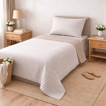 Completo Lenzuola Singolo in Cotone Fantasia Riga Beige – Elegante e Traspirante