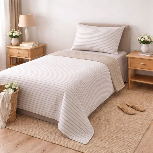 Completo Lenzuola Singolo in Cotone Fantasia Riga Beige – Elegante e Traspirante