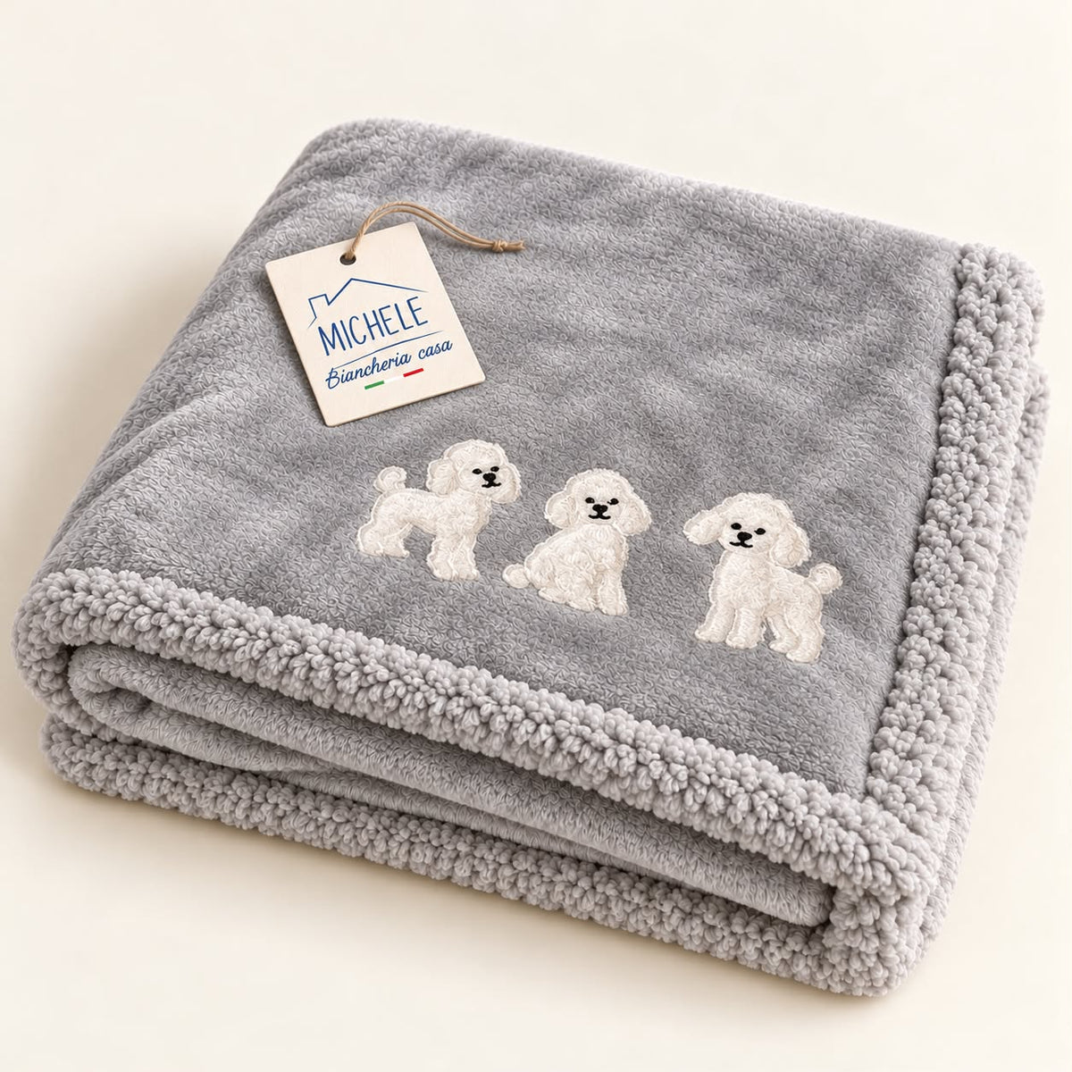 Plaid 130x160 cm in Flannel Caldo con Ricamo Cagnolini – Blu e Grigio
