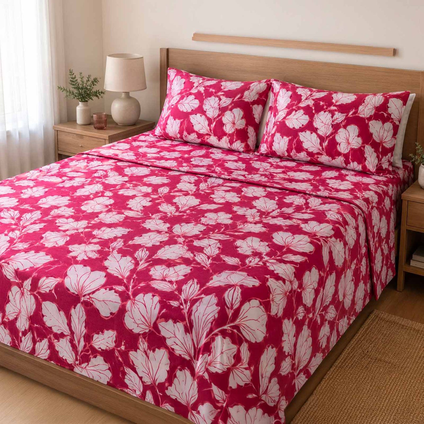Completo Letto Matrimoniale in Cotone 100% Red Bloom – Lenzuola Rossi Floreali con Angoli