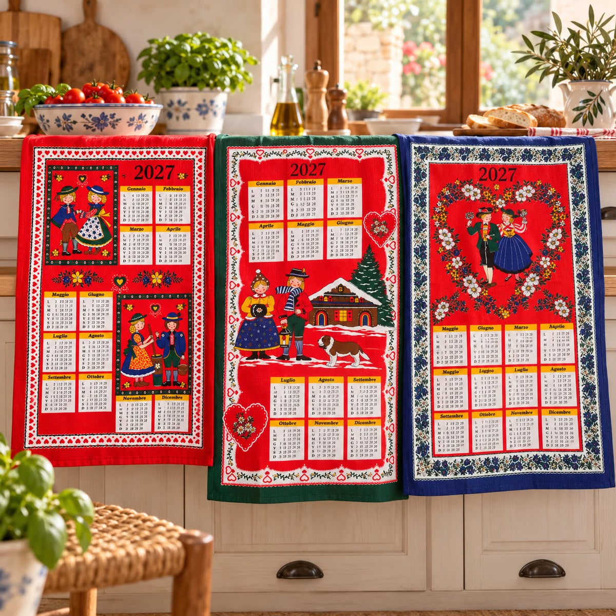 Set 3 Strofinacci Calendario 2027 in Cotone – Fantasie Tirolesi Assortite