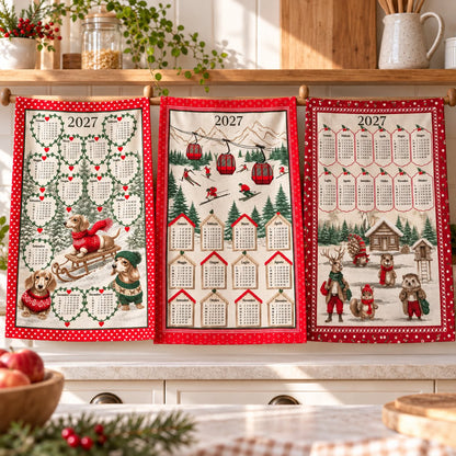 Set 3 Strofinacci Calendario 2027 in Cotone – Fantasie Natalizie Assortite