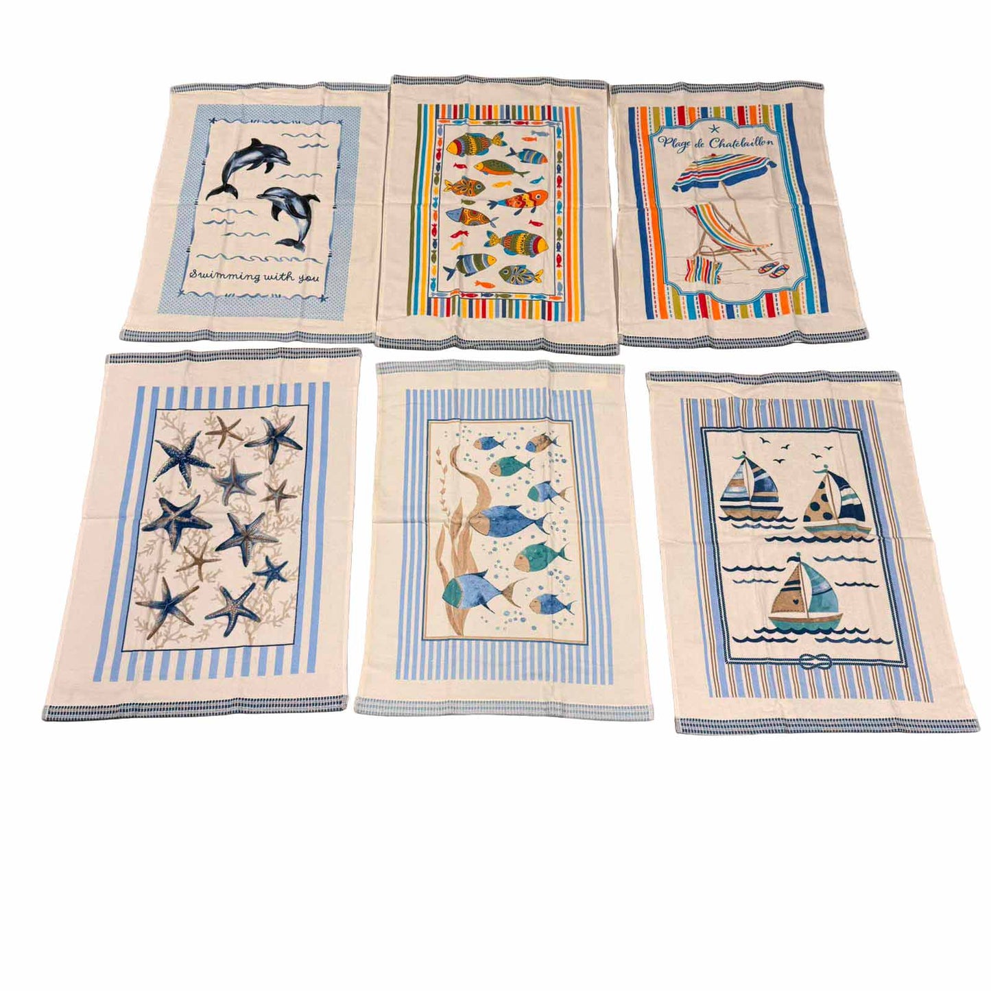 Set 6 Canovacci Cucina Spugna 100% Cotone, Tema Mare Assorbenti, Cotone 350 GSM, Varie Fantasie