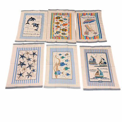Set 6 Canovacci Cucina Spugna 100% Cotone, Tema Mare Assorbenti, Cotone 350 GSM, Varie Fantasie