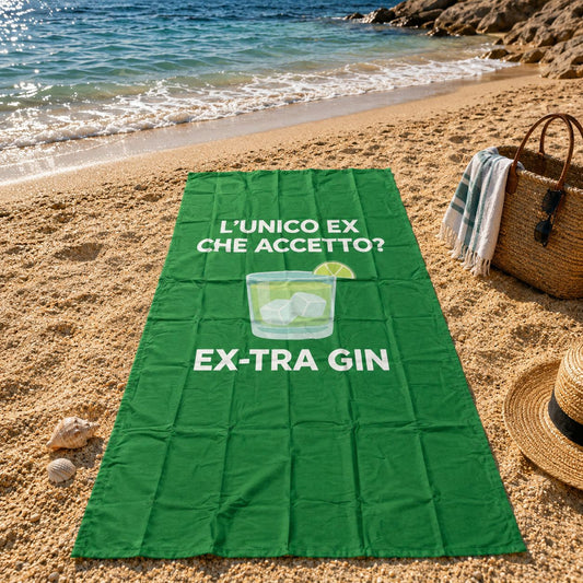 Telo Mare Microfibra "L'Unico Ex che Accetto? Ex-Tra Gin" 90x170 cm – Leggero, Asciugatura Rapida e Salvaspazio