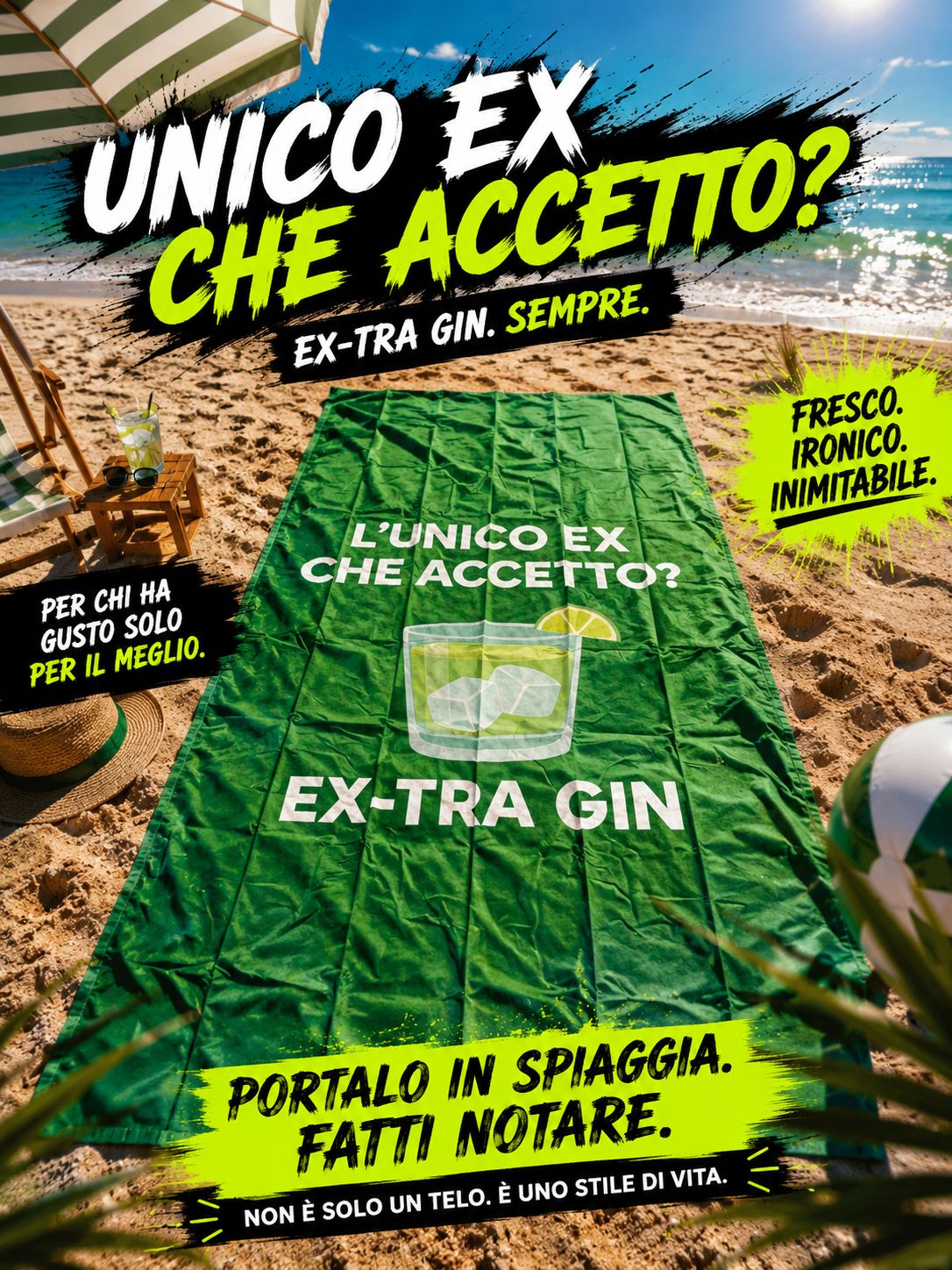Telo Mare Microfibra "L'Unico Ex che Accetto? Ex-Tra Gin" 90x170 cm – Leggero, Asciugatura Rapida e Salvaspazio