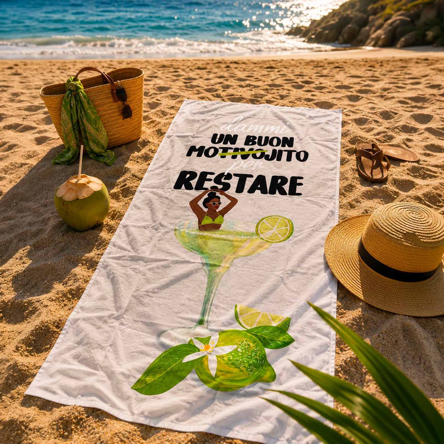 Telo Mare Microfibra "Dammi un Buon Motivojito per Restare" 90x170 cm – Leggero, Asciugatura Rapida e Salvaspazio