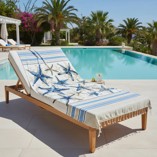Telo Mare 100x200 cm in Cotone Fantasia Stelle Marine con Frange