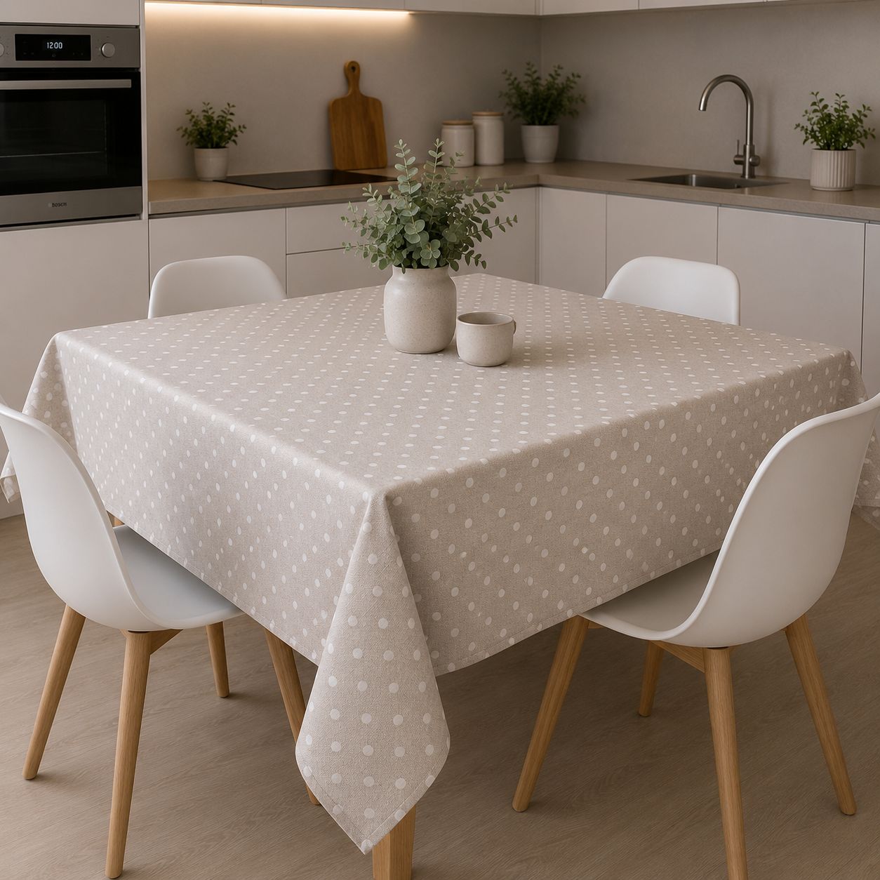 Tovaglia Copritavolo 180x180 Beige a Pois “Pois Chic” Effetto Lino Elegante