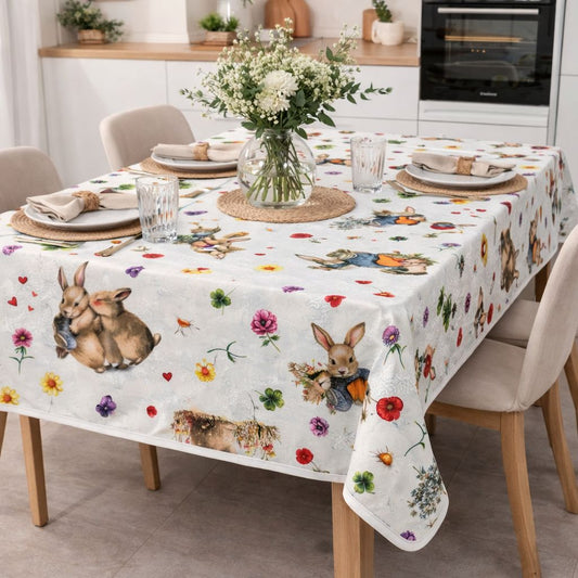 Tovaglia Antimacchia “Fiori e Coniglietti” – 6 Posti e 8/12 Posti Fantasia Primaverile