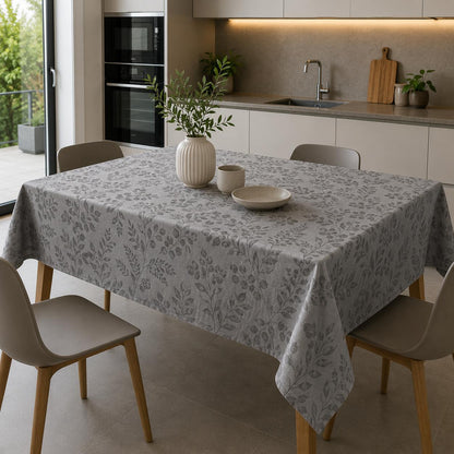 Tovaglia Antimacchia “Botanic Grey” con Foglie Grigie Eleganti – Per 6 o 8/12 persone