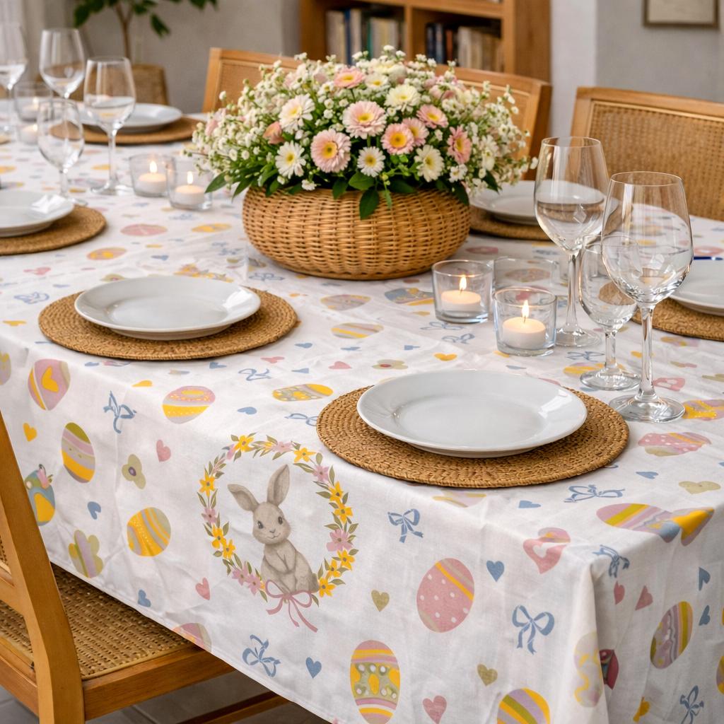 Tovaglia da Tavola Pasquale “Coniglietto di Primavera” in 100% Cotone – 6 Posti e 8/12 Posti
