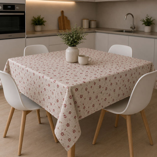 Tovaglia Copritavolo 180x180 Floreale Beige e Rosso “Fiorita” Effetto Lino Country Chic