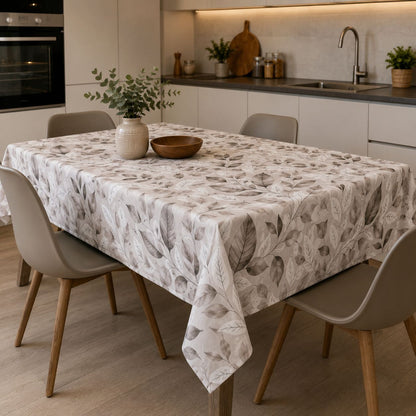 Tovaglia Elegante Fantasia Foglie “Natural Mood” Beige e Tortora Effetto Lino, Rettangolare, Quadrata e Rotonda
