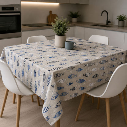 Tovaglia Copritavolo Fantasia Pesci Blu “Mediterraneo” Effetto Lino Stile Marino, 180x180 cm