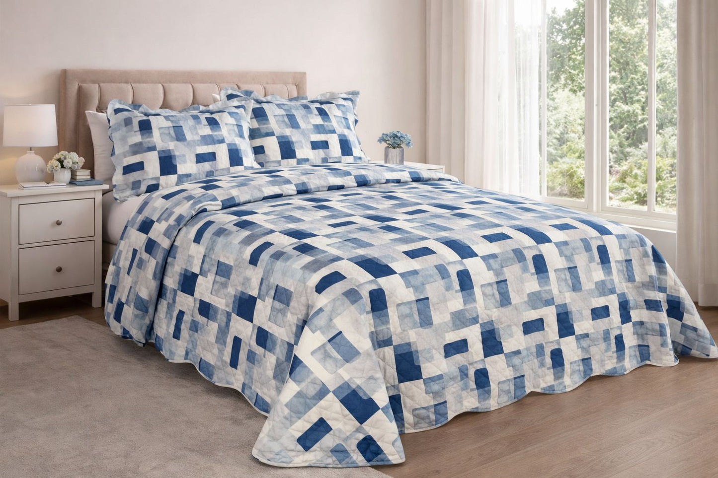 Trapuntino Matrimoniale Mezza Stagione in Microfibra – Copriletto Termosaldato Blue Geometry