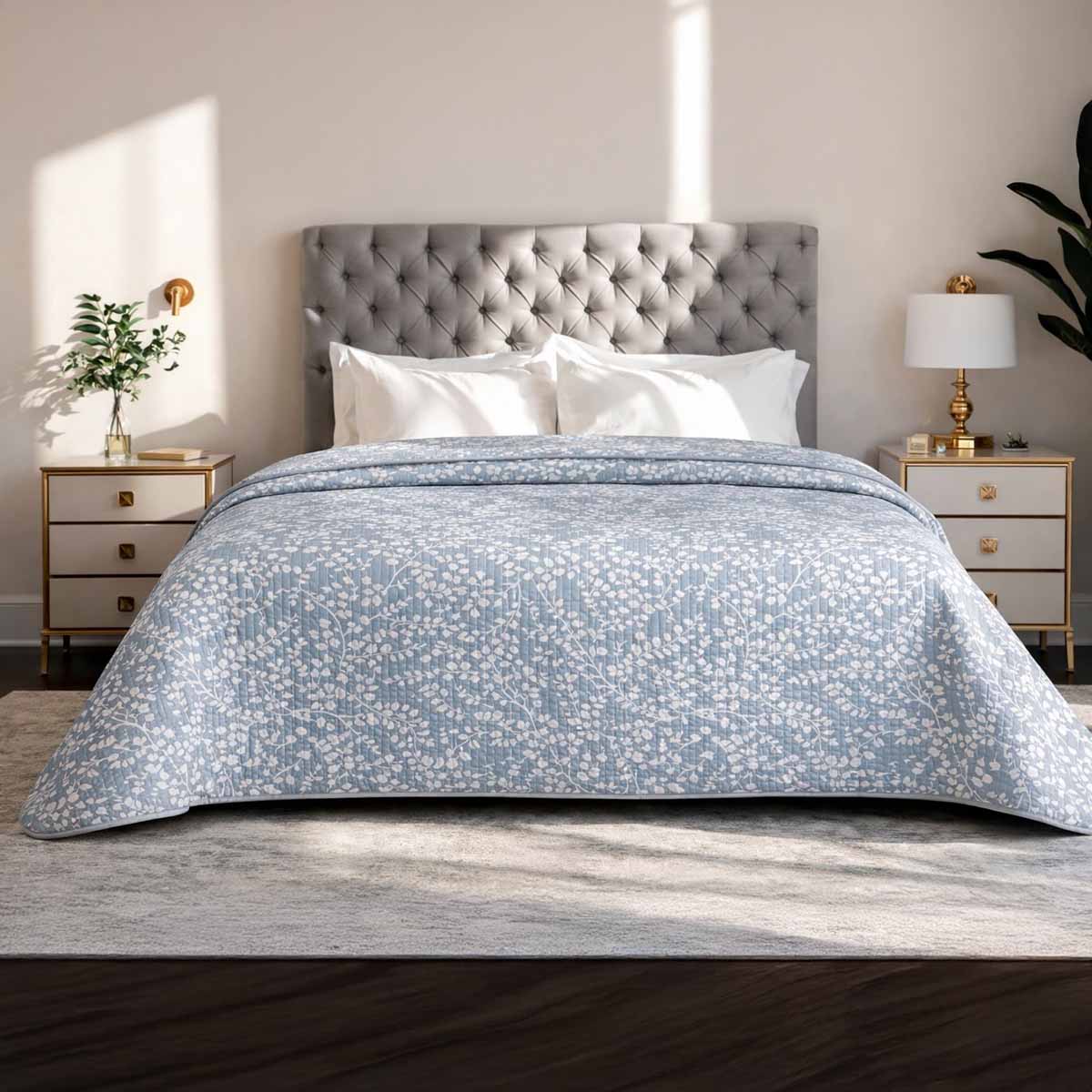 Trapuntino Matrimoniale 260x260 cm Double Face Jacquard Blue Harmony – Copriletto Primaverile Azzurro Elegante