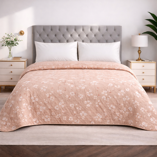 Trapuntino Matrimoniale Double Face Righe e Fiori Pesca 250x250 cm in Microfibra