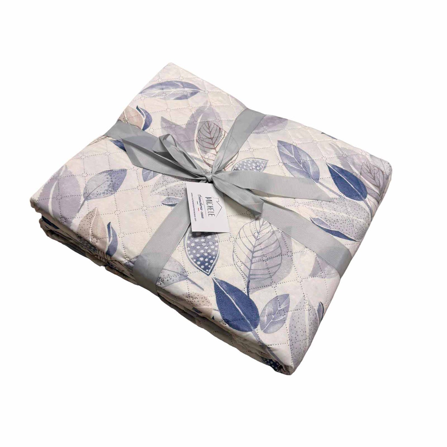 Trapuntino Matrimoniale Foglie Blue Botanical – Copriletto Trapuntato Mezza Stagione in Microfibra
