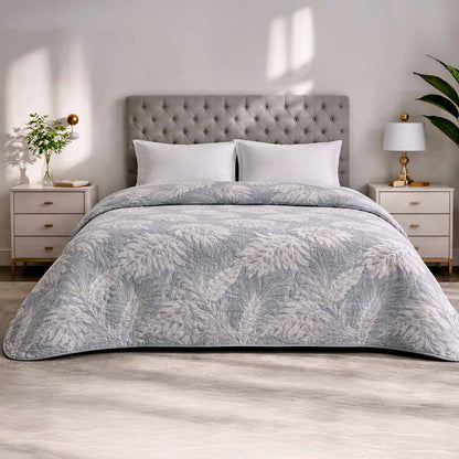 Trapuntino Matrimoniale 260x260 cm Double Face Jacquard Silver Leaves – Copriletto Grigio Elegante con Foglie