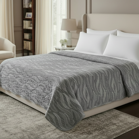 Trapuntino Matrimoniale Jacquard Fill Coupé Grigio 255x260 cm in Microfibra - Fantasia Wave Jacquard Grey